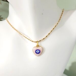 Gold Evil Eye Heart Pendant Necklace Petite Pendant On Ball Bar Chain.